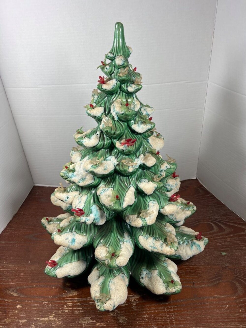 Vintage Ceramic Christmas Tree With Snowy Branches & Red Birds - 21 Inches Tall